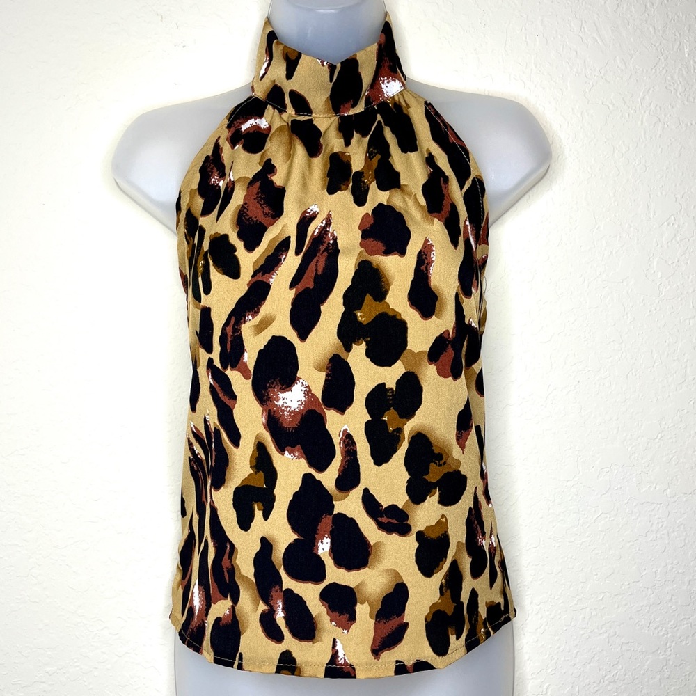 Yumeng Fushi Leopard Blouse Size S Sleeveless Stretch Halter Collar Shirt Top